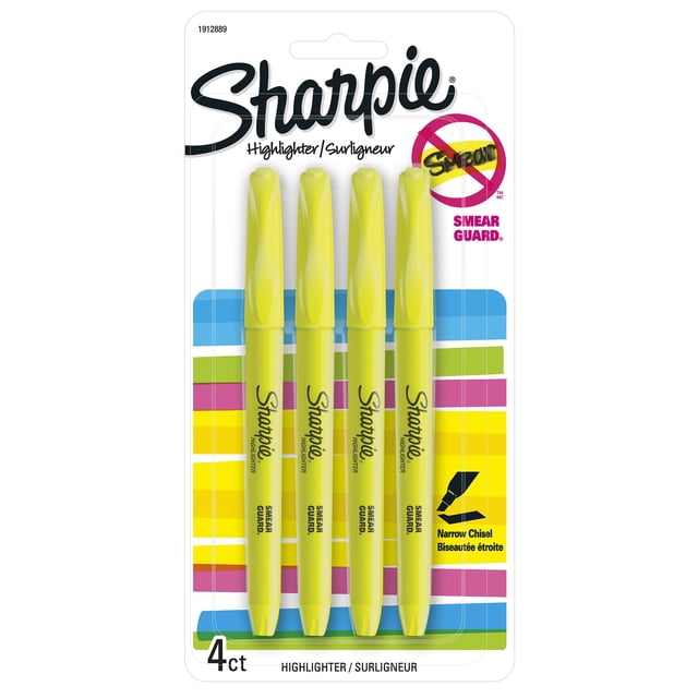 Sharpie Pocket Highlighters, Narrow Chisel Tip, Yellow, 4 Count