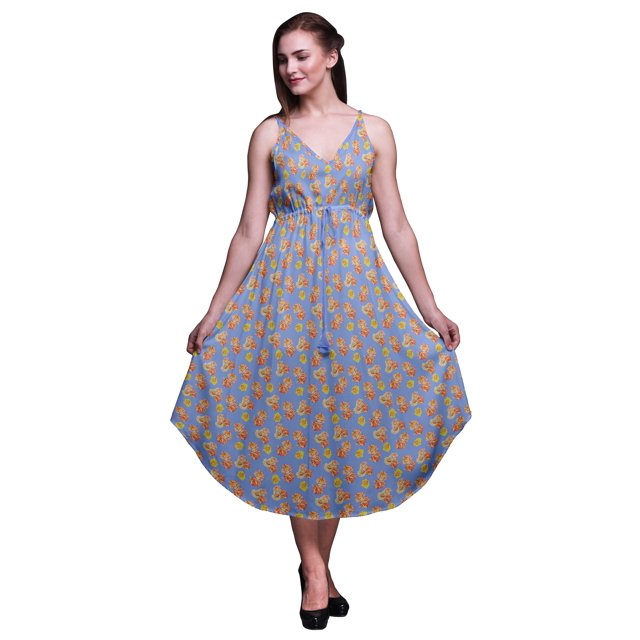 Bimba Robe à Imprimé Floral pour Femmes Bretelles Spaghetti Col en V Midi Tenue de Plage-TP