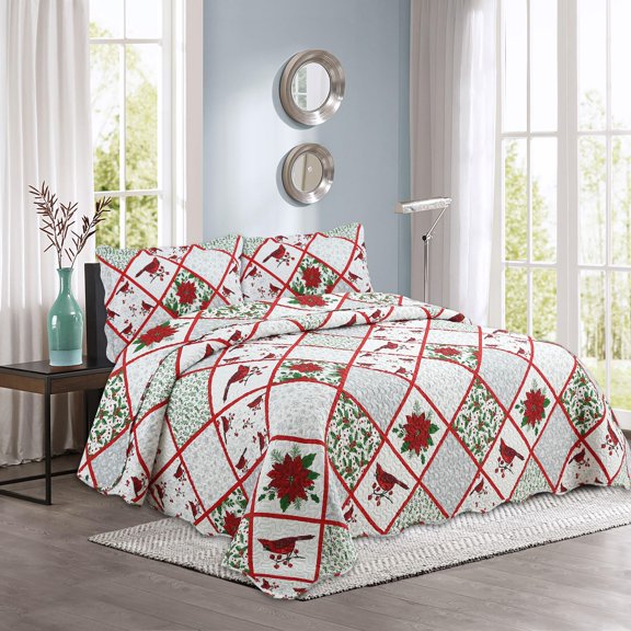 Marina Decoration Couvre-lit Pinsonic imprimé en relief ultra doux, parure de lit d'été de Noël avec taies d'oreiller, motif de poinsettia cardinal rouge de Noël