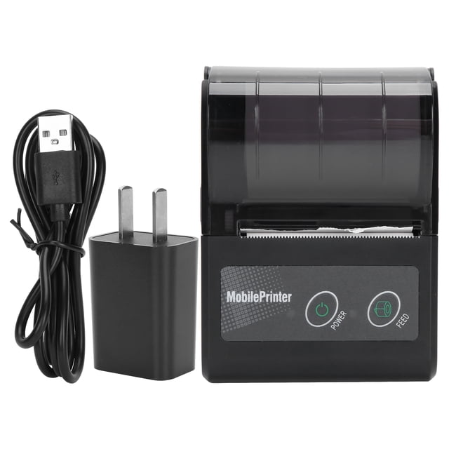 Imprimante Thermique de Reçus Bluetooth, Imprimante Thermique de Factures au design compact et portable. l'Imprimante ABS Noire Présente un Panneau de Commande Orienté vers l'Avant avec Boutons d'Alimentation et d'Alimentation, et un Couvercle transparent pour un Accès Facile aux Rouleaux de Papier. Comprend un Câble USB, une Prise et un Manuel d'Utilisateur. Convient à l'Impression de Factures de taxi, à l'Impression de Reçus, aux Systèmes de Commande de Nourriture et à l'Usage au Bureau. Prend en Charge la Connectivité Bluetooth et Utilise du Papier Thermique 57 x 30 mm. Aliment