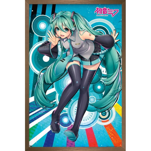 Hatsune Miku - Whisper Wall Poster with Magnetic Frame, 22.375" x 34" depicting an anime-style Hatsune Miku with long teal twin tails, wearing a grey and teal outfit and black thigh-high stockings, posed dynamically on a vibrant blue background with circular and striped graphic designs, framed in a wooden magnetic frame ideal for home or office wall décor.