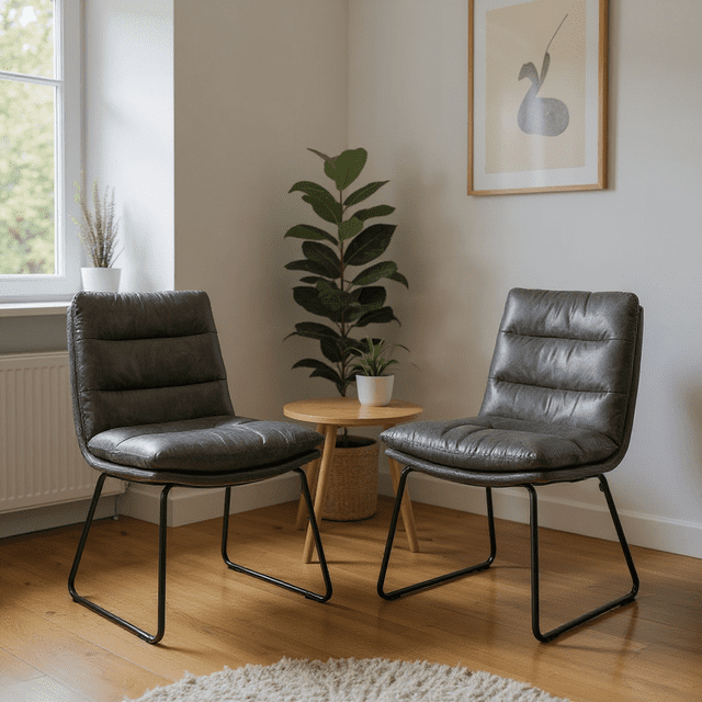 Homy Casa Set of 2 Thick Padded Dining Chairs with silver iron sled legs in grey faux leather upholstery, featuring channel-tufted cushioning and ergonomic support, positioned on wooden flooring beside a small round wooden table with potted plants and minimalist framed art, ideal for dining rooms or office spaces.