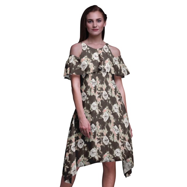 Bimba Robe à Volants Imprimée Teinture sur Nœuds Marron pour Femmes Épaules Dénudées - Grande
