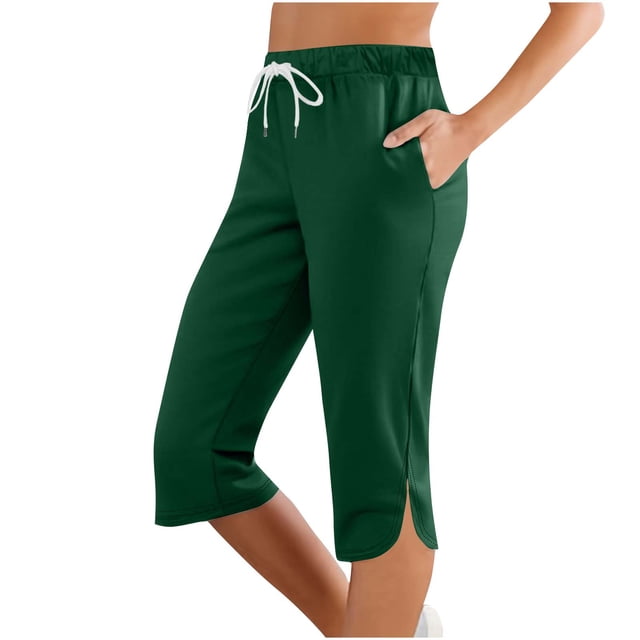Timegard Capris Pants for Women Elastic Waist Drawstring Solid Color Casual Comfy Workout Cropped Pants