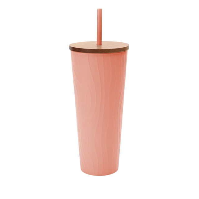 Mainstays Gobelet Tourbillon pour Animaux Recyclé Rose Tumbler 32 oz avec une Haute Forme Cylindrique en Rose Uni Présentant une texture Tourbillonnante tactile, Surmonté d'Un Couvercle en Bois et d'Une Paille Scellée en Silicone, Idéal pour Boissons Glacées et Convient au Rangement de Boissons Froides.