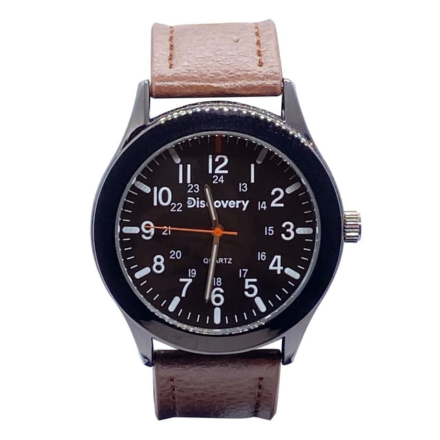 Discovery Men's Analog watch with a black dial featuring full white printed numbers and 24-hour markers, black stainless steel case, and genuine brown padded leather strap with stainless steel buckle, 40mm case diameter and 200mm strap length, quartz movement with orange second hand, ideal for everyday wear.