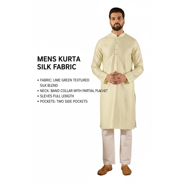 DWEEP SARA Men’s Green Silk Blend Embroidered Long Kurta 42 Straight Fit Festive Ethnic Wear with Side Slits