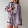 thumbnail image 4 of Fgnfyis Ensemble Décontracté pour Femmes, Chemise Unie à Col de Printemps à Manches Longues, Short Taille Haute à Cordon, Grande Taille, Ensemble 2 Pcs pour Femmes, Ensembles Courts, Violet m, 4 of 8