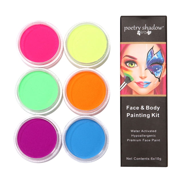 Amdohai UV Neon Glow Face & Body Paint Kit 6 Colors Fluorescent Paints Water Activated Makeup