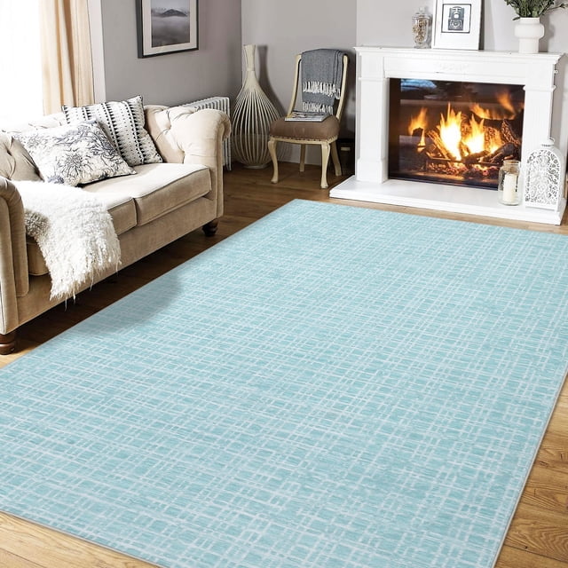 Garvee 8'x10' Modern Plaid Area Rug Abstract Rugs for Living Room, Washable Rug Non-Slip Low Pile Accent Carpet for Bedroom Home Office, Light Blue