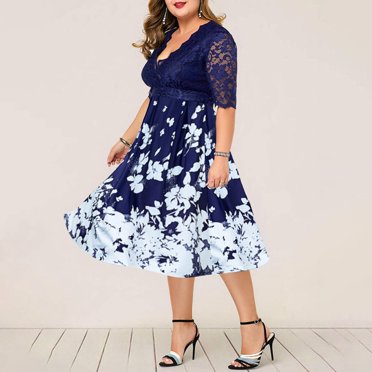 Dress Women Elegant Evening Party V Neck Short Sleeve Lace Patchwork Midi A-Line Wedding Party Dresses
