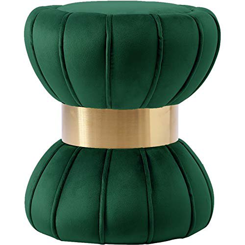 Meridian Furniture Vino Collection Modern | Contemporary Velvet Upholstered Hourglass Shaped Ottoman/Stool with Gold Finished Stainless Steel Band, 15.5" W x 15.5" D x 17" H, Green