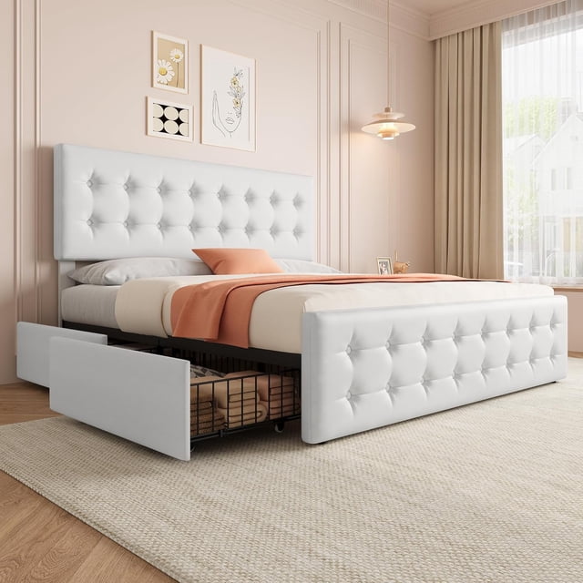 King Size Bed Frame with 4 Storage Drawers and Headboard, Faux Leather Upholstered Platform Bed Frame with Wooden Slats Support, Button Tufted Design, No Box Spring Needed, White