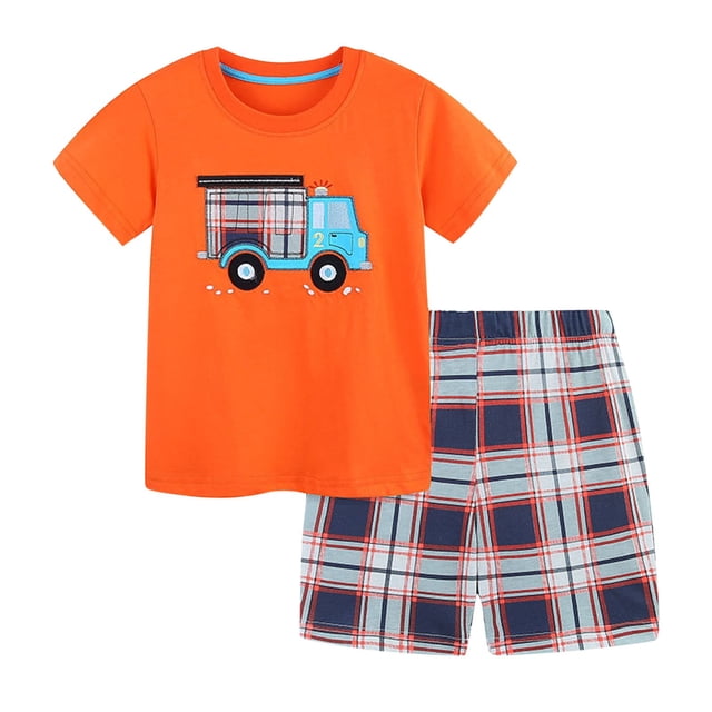 Short Sleeve Two-Piece Set for Girls, Polyester-Spandex Blend, Round Neck Top with Matching Pants, Orange, Size 100 (2-8 Years)