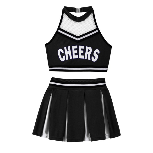 Xnihocha Girls Classic Cheerleading Team Uniform Mesh Splice Crop Top with Pleated Boxer Skirts Rooter Stage Suit Black 14