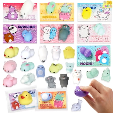 Joyfy 28 Paquets Cartes de la Saint-Valentin avec Jouets Squishy pour Enfants, Animaux Mignons Mochi Squishies Jouet Anti-Stress pour Enfants Échange en Classe à l'École Cartes, Cadeaux de Fête de la Saint-Valentin