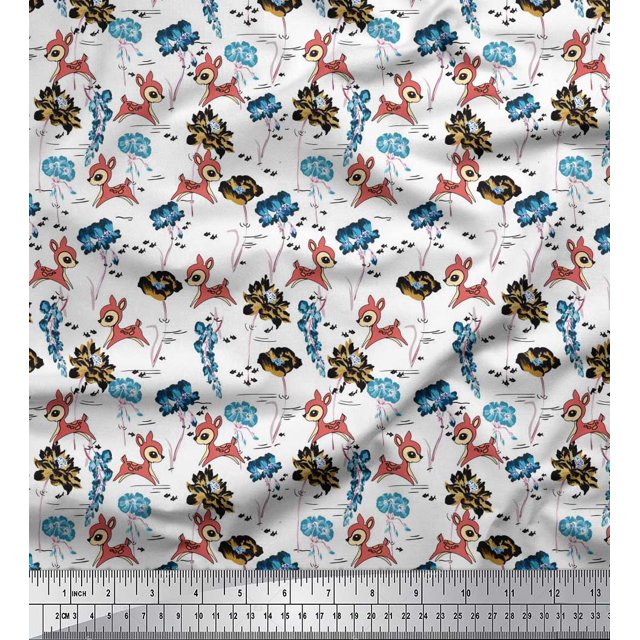 Soimoi Polyester Crepe Fabric Floral,Fish & Deer Cartoon Print Fabric by The Yard 52 Inch Wide