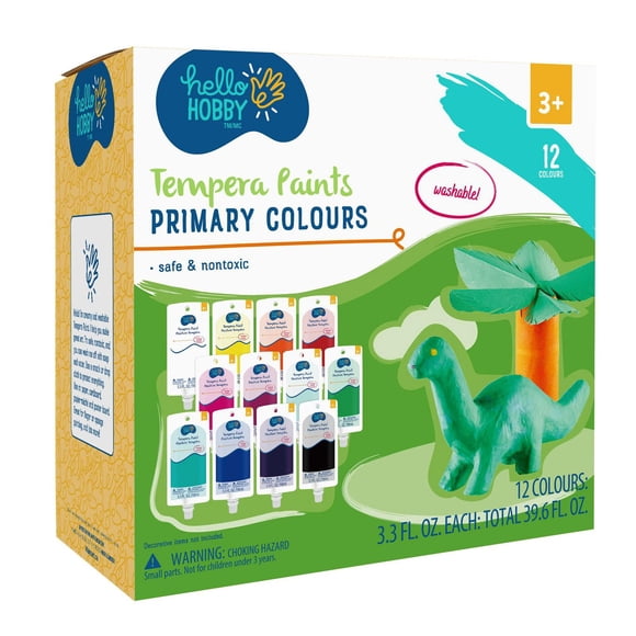 HELLO HOBBY TEMPERA PAINTS (PRIMARY COLOURS) 12 COLOURS: 3.3 FL.OZ. EACH: TOTAL 39.6 FL.OZ.