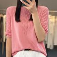 thumbnail image 2 of Olyvenn Women T-Shirt à Manches Courtes en Tricot de Soie Glacée Ajourée pour Femme, Coupe Ample, Col Rond, Chandail Tricoté, Haut, Rose G, 2 of 3