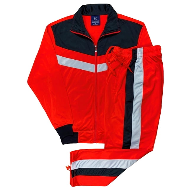 Men's RT Glad Active Jogging Track Jacket & Track Pants Outfit Suit in a bold red design with black and white accents. The full-zip jacket features zippered side pockets and a stand collar, while the relaxed-fit track pants include drawstrings at the ankles and zippered side pockets. Made from warm, soft track material, this men's activewear tracksuit set is suitable for casualwear, workwear, or parties.