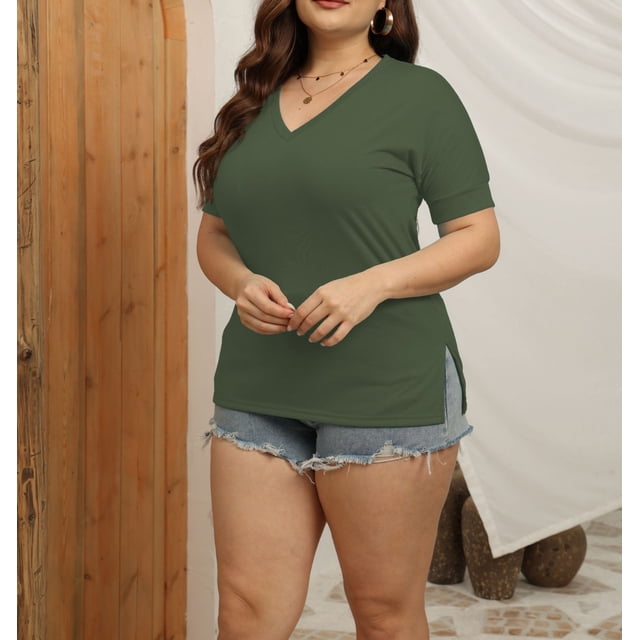 AherBiu T-Shirts pour Femmes Grande Taille à Col en V d'Été Décontractés à Manches Courtes T-Shirts Basiques en Coton Doux