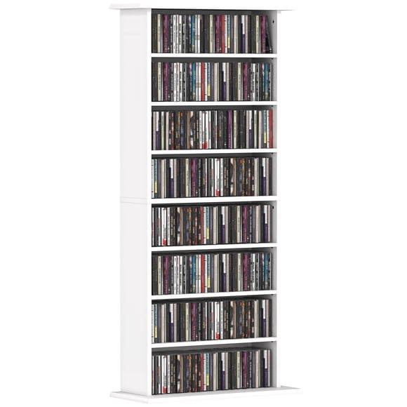 HOMCOM Media Storage Cabinet 8-Tier DVD Shelf w/ Adjustable Shelves White