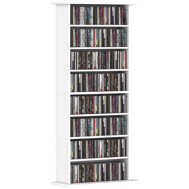 HOMCOM Media Storage Cabinet 8-Tier DVD Shelf w/ Adjustable Shelves White