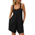 thumbnail image 2 of Yanlir 2025 Spring Summer Rompers for Women's Fashion Solid Round Neck Overalls Elastic Strap Sleeveless Pockets Short Jumpsuit(Black#1,S), 2 of 7