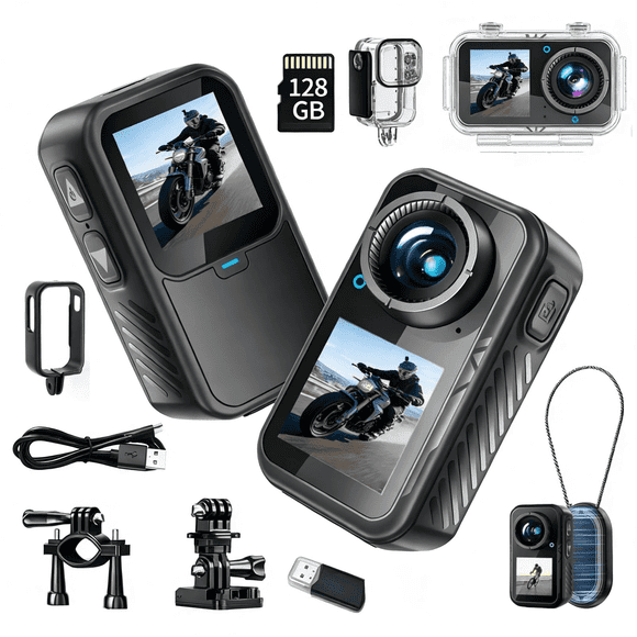 Mini Action Camera 5K Dual Screen,128G Thumb Sports Camera with EIS Stabilization, Wearable POV Chest Camera,Waterproof for Running Cycling Swimming Hiking Adventures Motorcycle