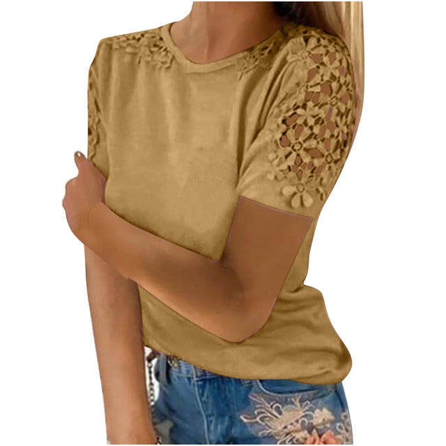 Plebaso T-Shirts pour Femmes 2025 Manches Courtes Décontractées Col Rond Hauts Élégants Blouses Habillées pour Femmes P-5TG