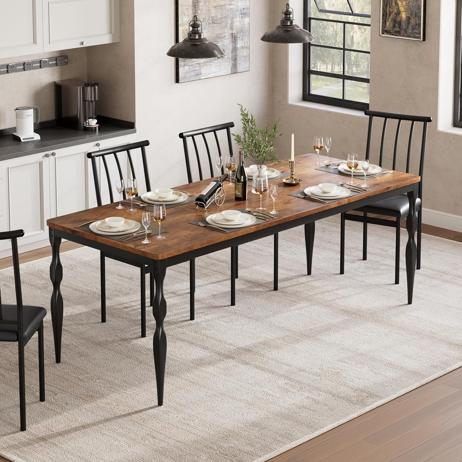 78 Inch Rectangular Dining Table for 6, Rustic Farmhouse Kitchen Table with Large Tabletop, Long Wooden Dining Room Table with Heavy Duty Legs, Walnut
