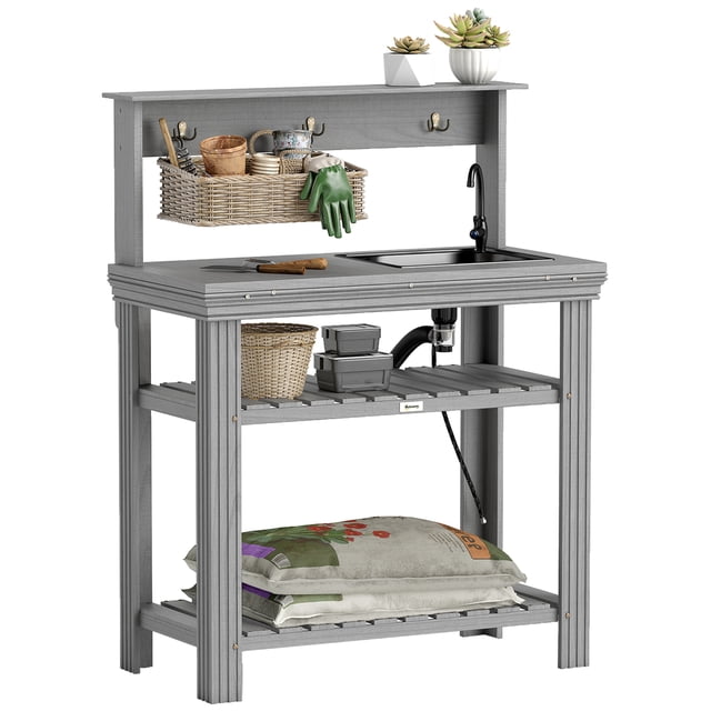 Outsunny Potting Benches for Outside with Faucet, Removable Sink, Shelves