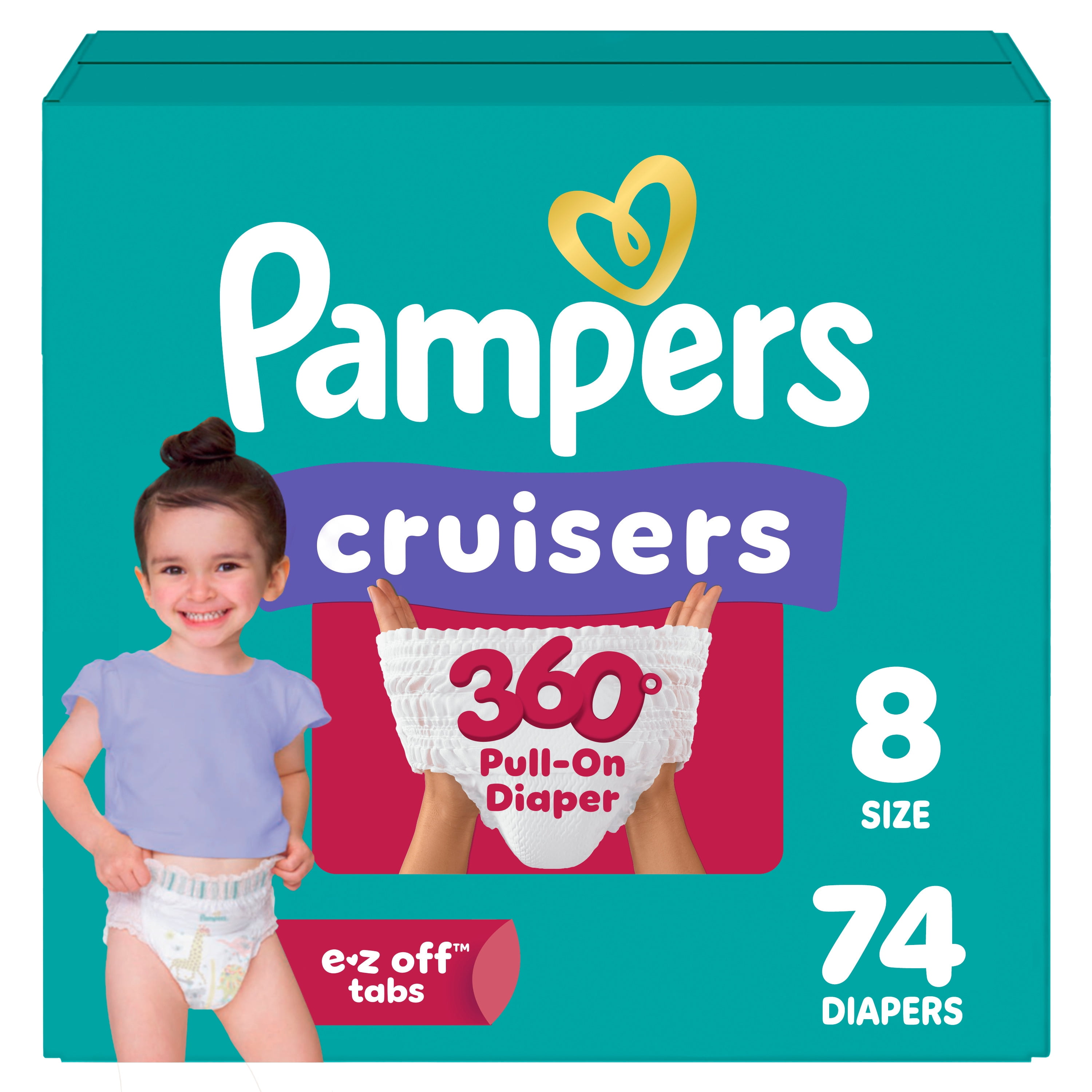 Pampers Diapers - Cruisers 360° - Size 8, 74 Count, up to 100% Leakproof Fit, Designed for Active Babies, Pull On Diaper, EZ Off Tabs Designed for Easy Changes
