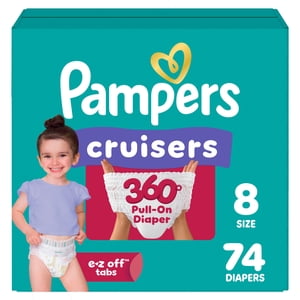 Pampers Couches - Croiseurs 360° - Taille 8, 74 Compte, jusqu'à 100% Fit étanche, conçu pour les bébés actifs, tirer sur la couche, EZ Tabs off conçus pour des changements faciles
