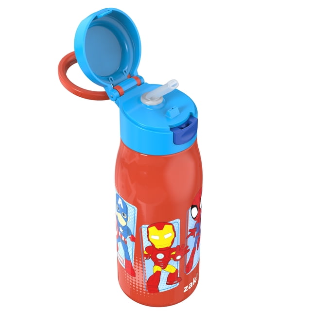 Zak Designs Spiderman 13.5oz SS Bottle with a red insulated stainless steel body and blue flip-top lid featuring a silicone spout and locking cover. It displays cartoon Spider-Man, Iron Man, and Captain America graphics, includes a foldable carry handle, fits most car cup holders, and is suitable for easy hydration and decorative use.