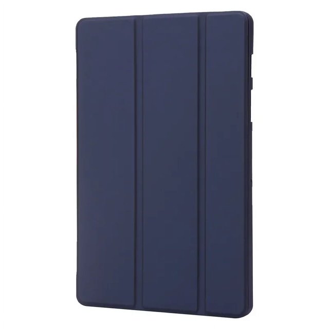For Samsung Tab A9 Plus Case in dark blue, made of PU leather and soft silicone with a tri-fold stand design. Compatible with Galaxy Tab A9 Plus (11 inch). Features include drop resistance, anti-dust protection, shockproof functionality, and a protective tablet shell.