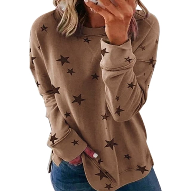LUXUR Tee-Shirt Femme Col Rond Manches Longues T-shirt Chandail en Molleton Pull Imprimé Étoiles Khaki 5TG