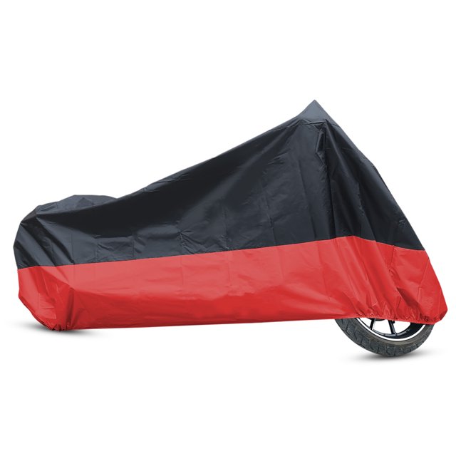XXL Waterproof Motorcycle Storage Cover UV Protector Rain Dust Proof Outdoor Motorbike All-Weather. The cover is made of 190T polyester taffeta fabric with PU and UV coating, featuring a black and red design. It includes a full bottom elastic hem for a snug fit, double-stitched seams, and a tighten strap for added security. Resistant to wind, rain, dust, dirt, UV rays, and snow, it measures 265 x 105 x 125 cm (104.3 x 41.3 x 49.2 inches) and fits most motorcycles. Suitable for outdoor use, providing protection against weather elements.