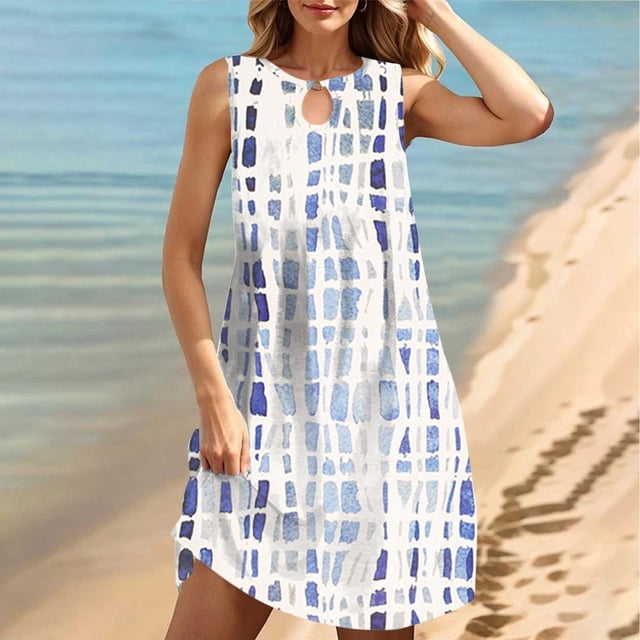 EQWLJWE Robes Maxi d'Été pour Femmes 2024 Vacances Tendance, Robes Sans Manches de Plage pour Femmes en Solde, Grande Taille Décontractée Imprimée Col Rond Manches Courtes Ample Longueur Genou