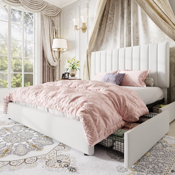 Amolife Queen Bed Frame, Platform Bed with Adjustable Velvet-Wrapped Headboard and 4 Storage Drawers, No Box Spring Required, White