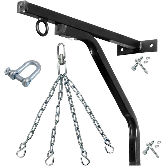 JP Heavy Duty Standard Wall Bracket Steel Mount Hanger for Boxing, MMA Punch Bag. The bracket is made from welded 18-gauge powder-coated steel with a special red oxide anti-rust treatment, ensuring durability for indoor and outdoor use. It features a 44 cm (17-inch) rust-proof stainless steel chain with a built-in swivel for smooth 360-degree rotation, capable of holding up to 100 kg. The 18-inch bracket includes three wall-fixing holes and comes with a wide D-shackle swivel, screws, and all necessary hardware for easy installation. Suitable for heavy-duty punch bags, reflex bags, and speed balls.