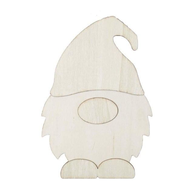 Plaid Unfinished Wood Surfaces Gnome Layered Shape, 7" is a front-facing laser-cut wooden gnome silhouette with a tall curved hat, oval nose, and rounded feet in natural unfinished wood, ideal for painting, stenciling, or decoupage in wood crafting projects.