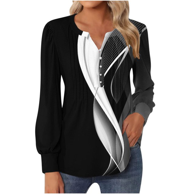 FAIWAD Women's V Neck Long Sleeve Tunic Tops Print Pleated Layered Button Down Slim Pullover Tops