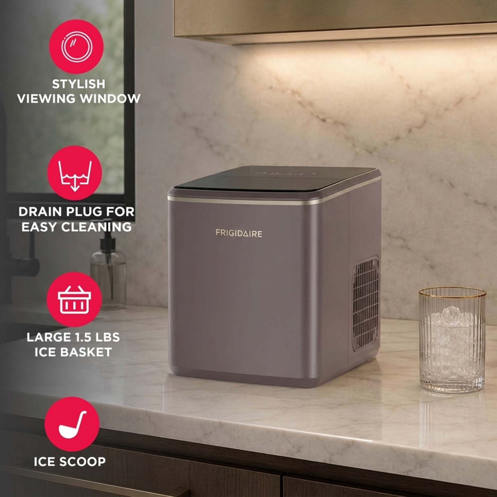 Machine à glaçons de comptoir Frigidaire 11,8 kg (26 lb), portable, avec commandes tactiles, mauve