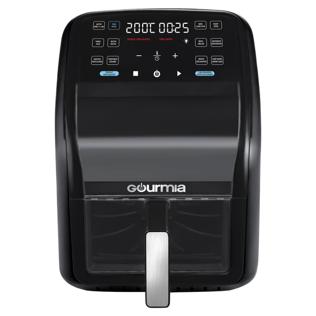 Gourmia Panorama 7-QT Digital Air Fryer in black with a large curved window for panoramic food viewing. The digital control panel features a 3D holographic display showing 200°C and 25 seconds, plus 12 one-touch presets including air fry, fries, wings, bacon, seafood, vegetables, bake, roast, broil, dehydrate, reheat, and keep warm. It has a stainless steel handle and uses FryForce 360° Technology for even cooking, suitable for Canadian kitchens.