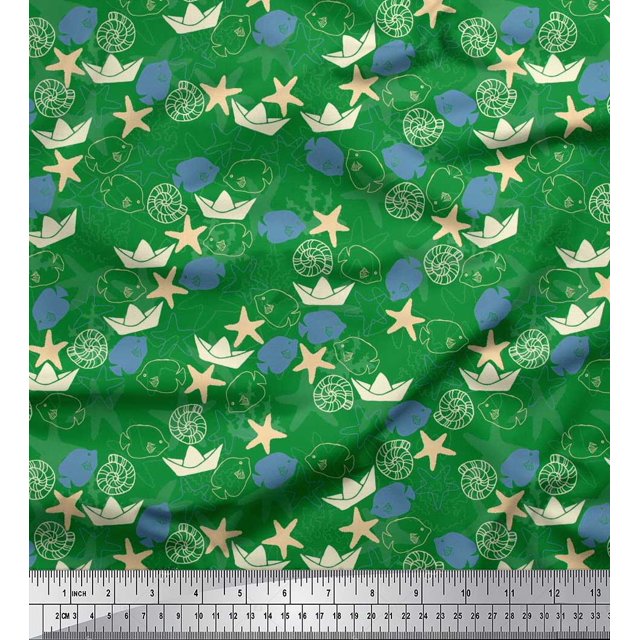 Soimoi Poly Georgette Fabric Paper Boat,Fish & Starfish Ocean Print Fabric by The Yard 42 Inch Wide