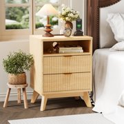 1 PCS Modern Fluted Night Stand, Nightstand with USB Charging Station,  - Wood Fluted Bedside Table with 2 Drawers & Open Shelf - Electrical Outlets, End Table for Bedroom Living Room Apartment