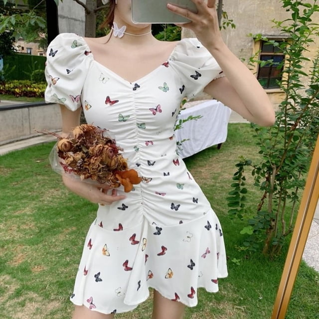 Robe Tube Sexy pour Femmes Mode Imprimé Papillon Femme Manches Courtes Extensible Robe Moulante Clubwear Vacances Robe Mini Violette TG
