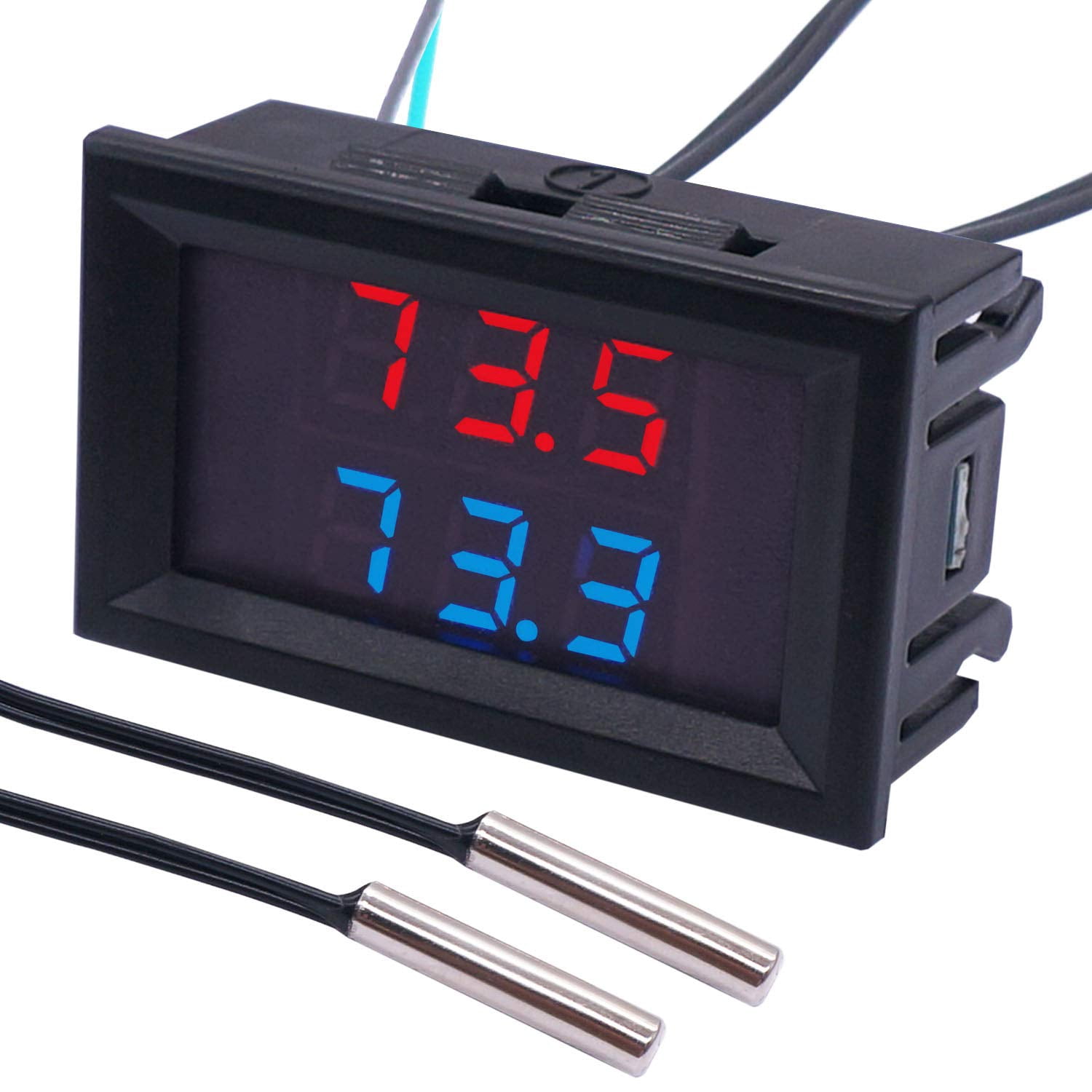 GFDYREE Dual Display Fahrenheit Thermometer DC 4-28V -67~+248℉ with Dual LED Display 2 Waterproof NTC Probes High Accuracy Temperature Gauge Sensor K-017