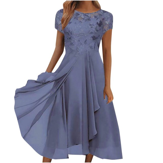 QJUHUNG Formel pour Femmes Soirée Robe Midi Été Col en V Manches Courtes T-Shirt Soirée Invitée de Mariage Style Asymétrique B-8 Cocktail Gris_i L